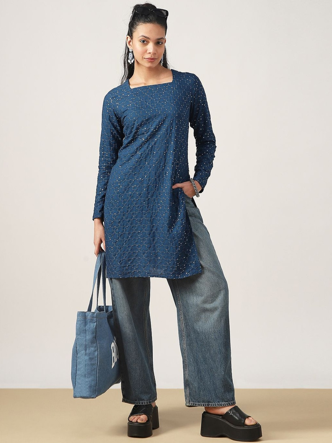 BKApparels Ethnic Motifs Embroidered Square Neck Sequinned Pure Cotton Sequinned Kurti