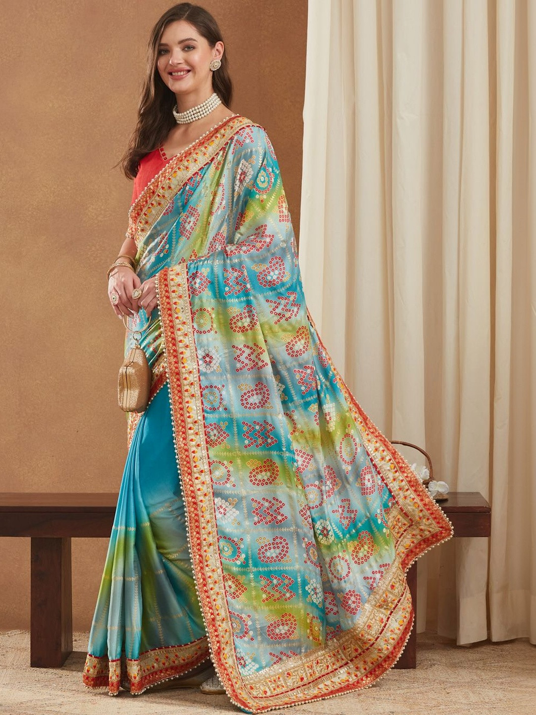 KAVINDI Bandhani Beads and Stones Pure Chiffon Bandhani Saree