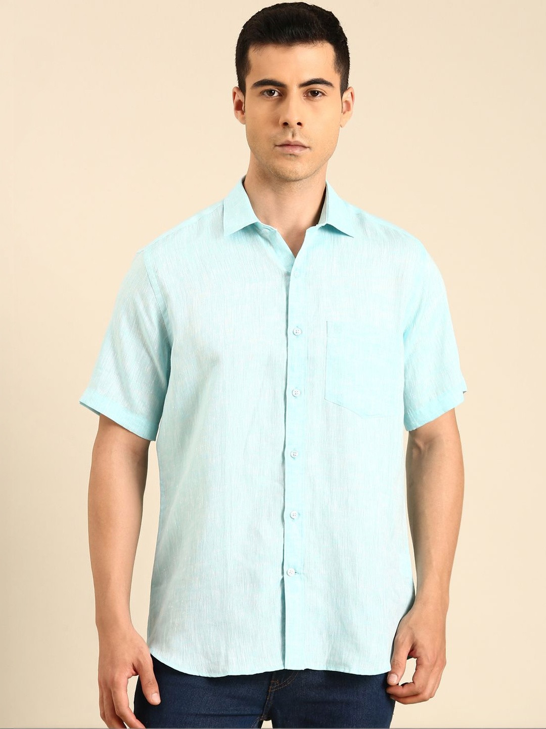 Linen Club Men Regular Fit Pure Linen Chambray Casual Shirt