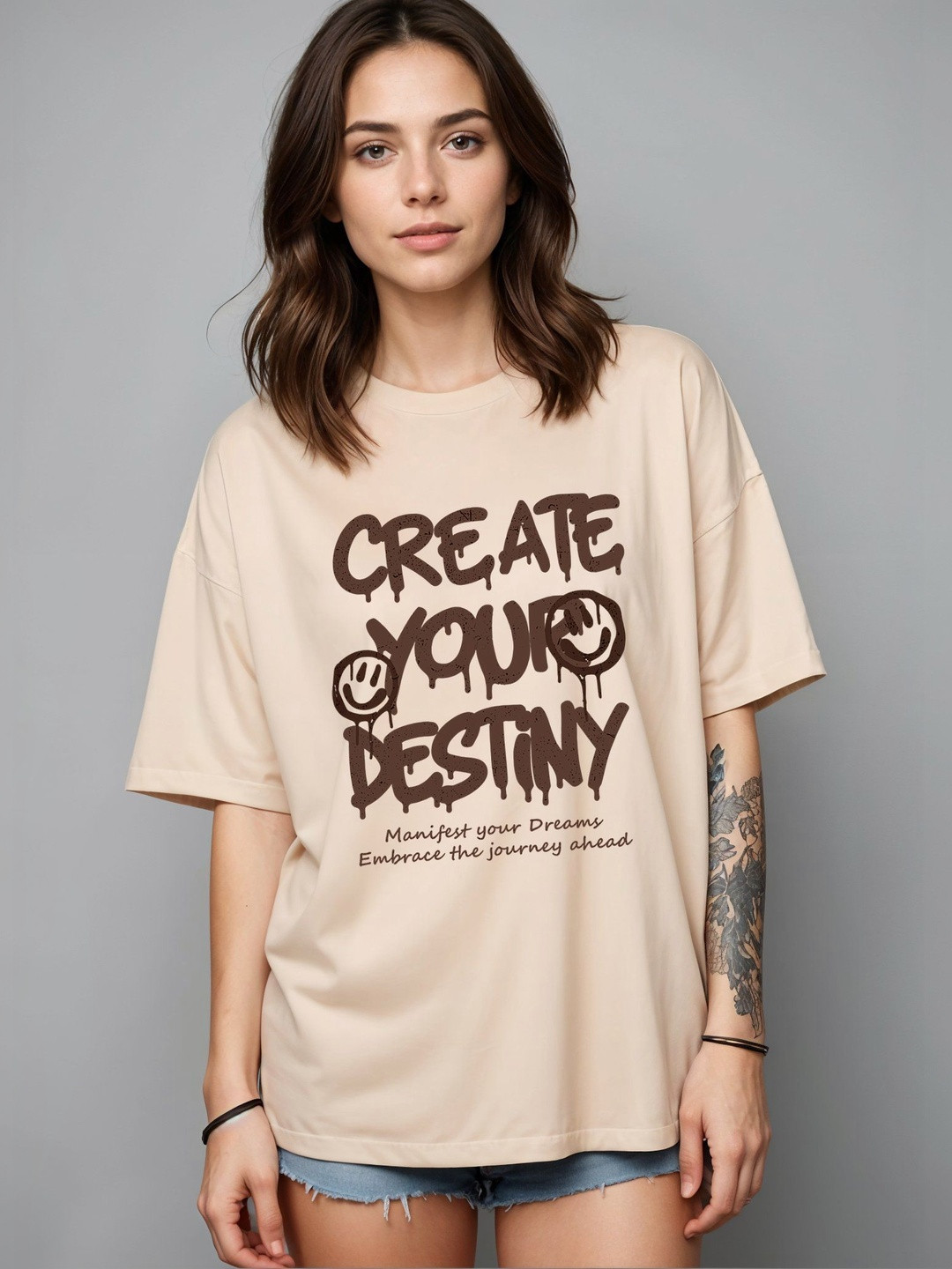 SMARTEES Women Typography Printed Drop-Shoulder Sleeves T-shirt