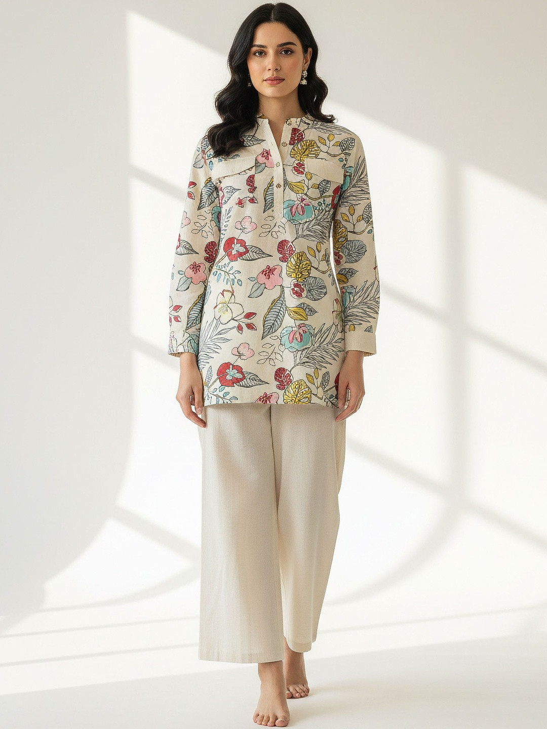 JISORA White Printed Mandarin Collar Top & Palazzos Cotton Co-Ords