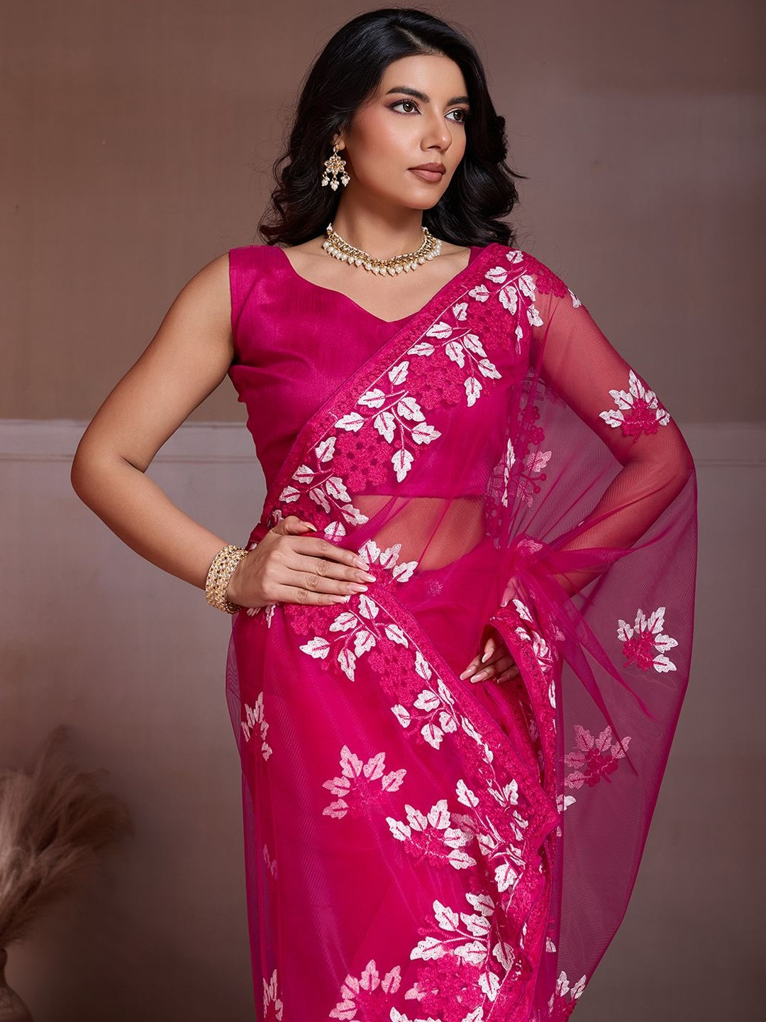 House of Pataudi Embroidered Saree With Unstitched Blouse