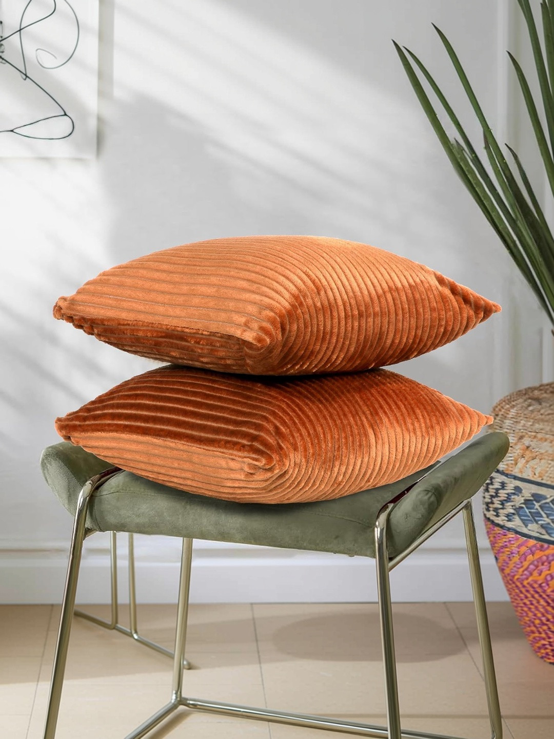 RD TREND Golden Corduroy set of 2 Striped Square Cushion Cover 18x18 inch