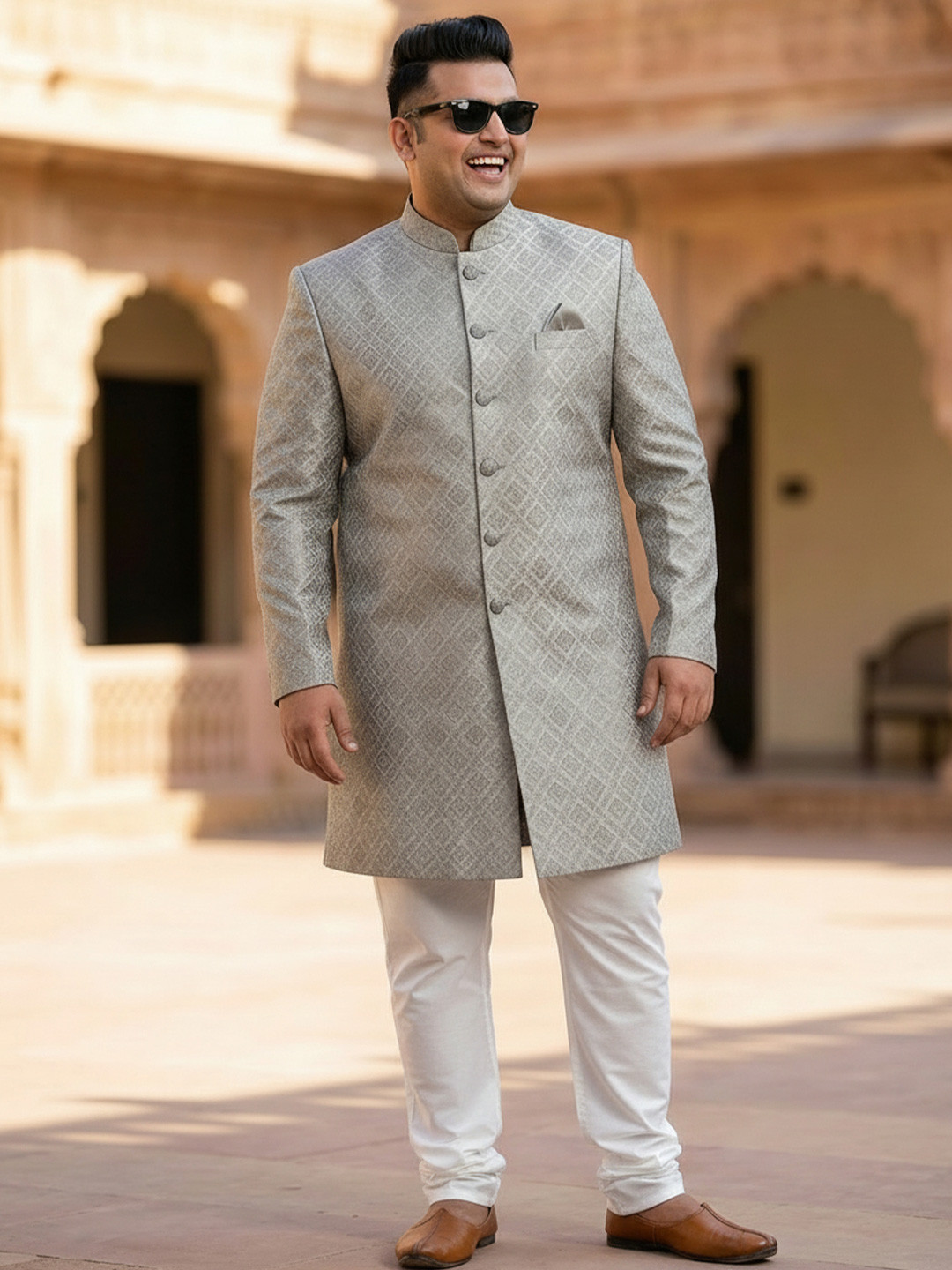 KISAH Plus Size Men Self Design Indo Western Sherwani Churidar Set