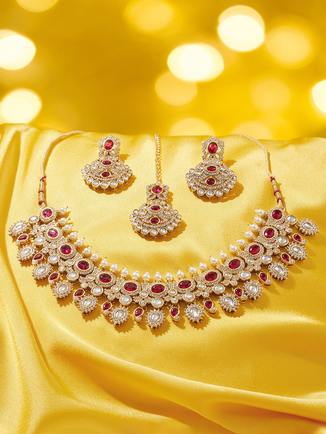 Zaveri Pearls Gold-Plated Austrian Diamond-Studded & Pearls Beaded Choker Jewellery Set