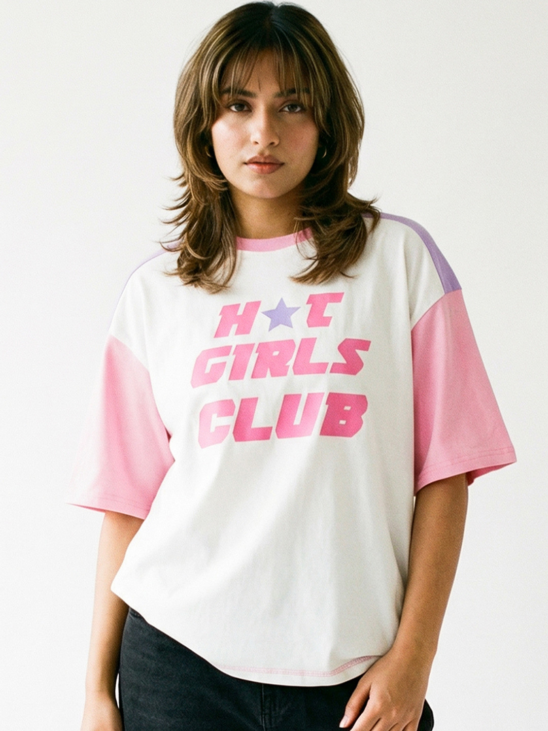 Crazymonk Hot Club Whitelilac Graphic Cotton Round Neck Short Sleeves Oversized T-shirt