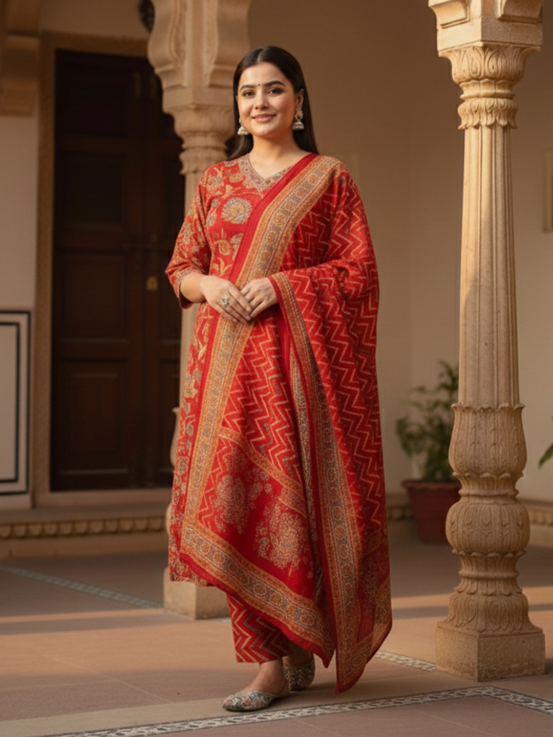 QUNEY Women Ethnic Motifs Printed Regular Pure Cotton Kurta with Trousers & With Dupatta