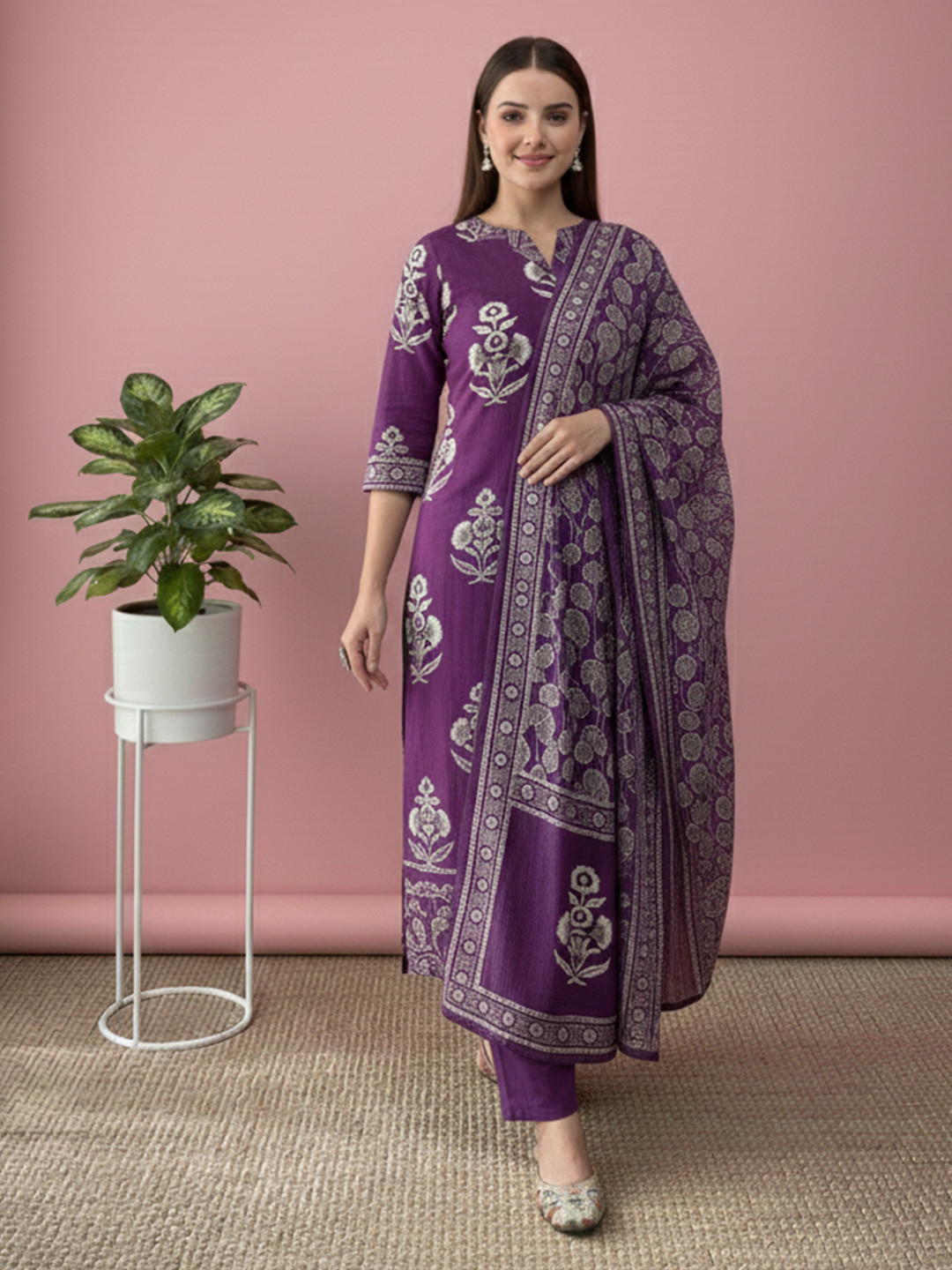 QUNEY Women Ethnic Motifs Printed Regular Pure Cotton Kurta with Trousers & With Dupatta