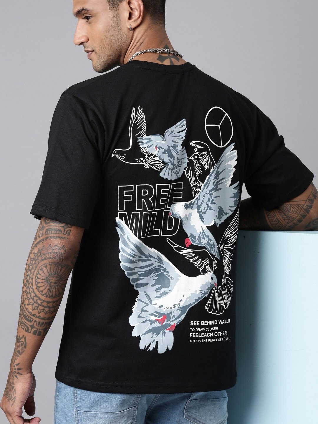LEWEL Men Graphic Printed Round Neck Cotton Oversized T-shirt