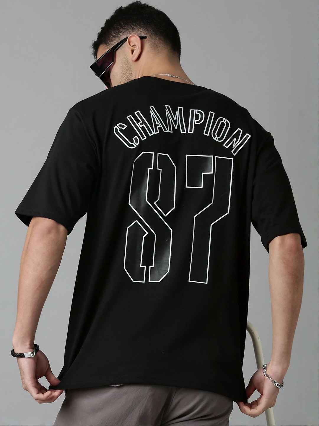 LEWEL Men Typography Printed Round Neck Cotton Oversized T-shirt