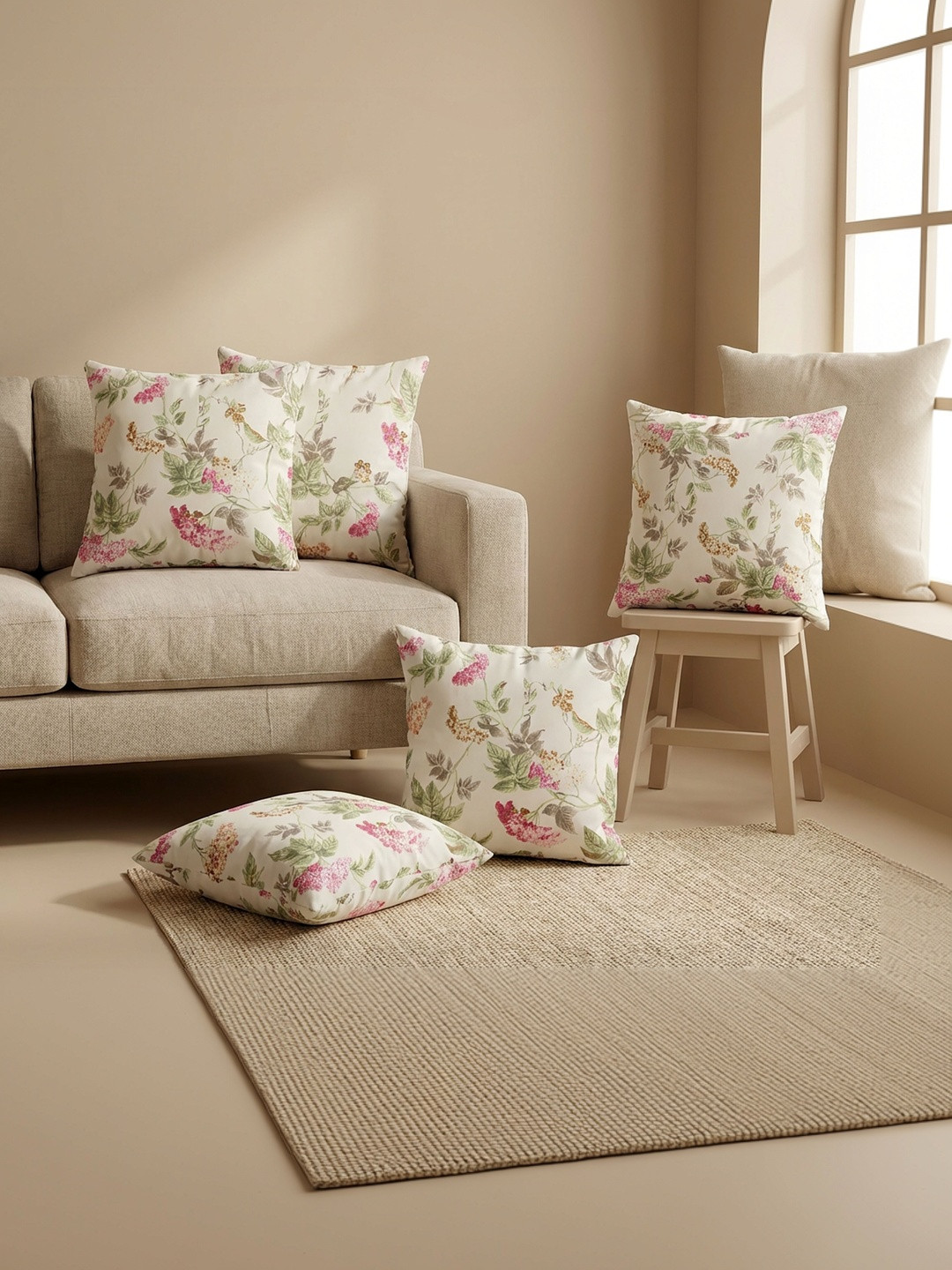The Home Story White & Multicoloured Set of 5 Floral Cotton Square Cushion Covers 16 Inch