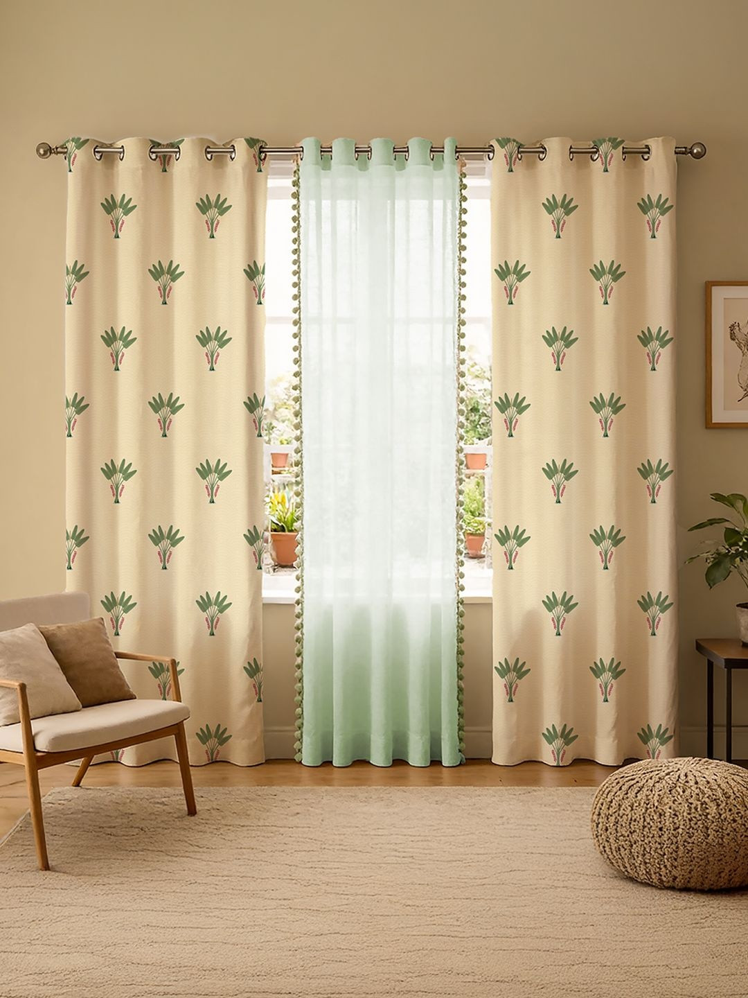 URBAN SPACE Set of 3 Floral Cotton Eyelet Long Door Curtains