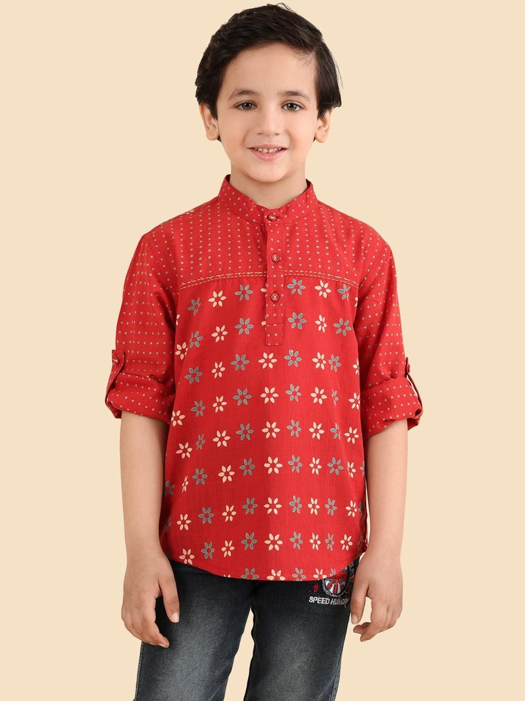 Fabindia Boys Polka Dot Printed Thread Work Kurta