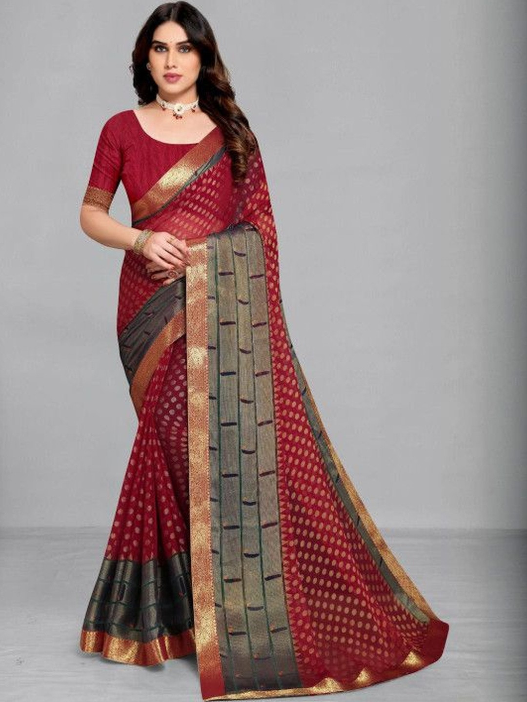 EMV Woven Design Zari Poly Chiffon Heavy Work Saree