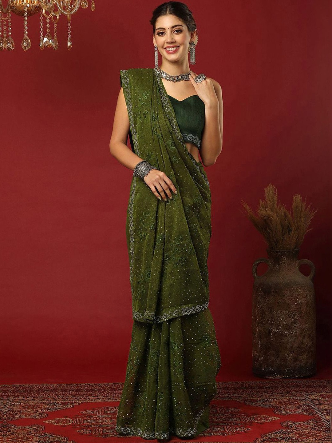 SANISA Embellished Beads and Stones Poly Chiffon Heavy Work Saree