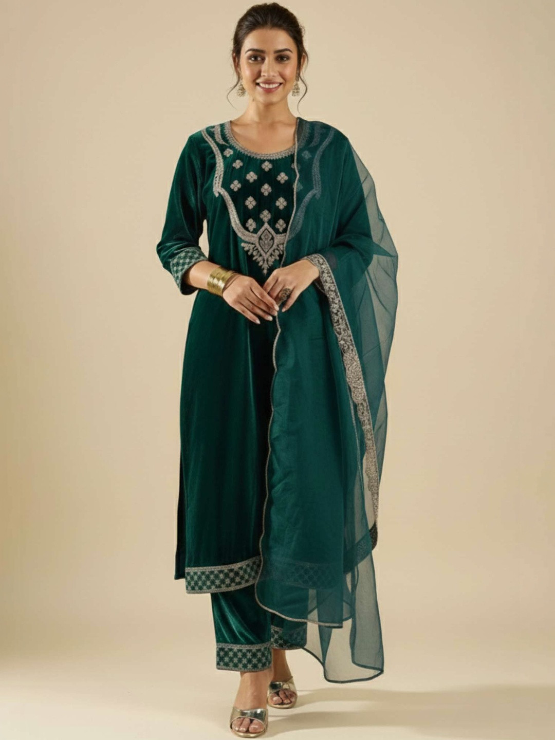 TRYAMBAKAM Women Ethnic Motifs Embroidered Regular Thread Work Velvet Kurta with Trousers & With Dupatta