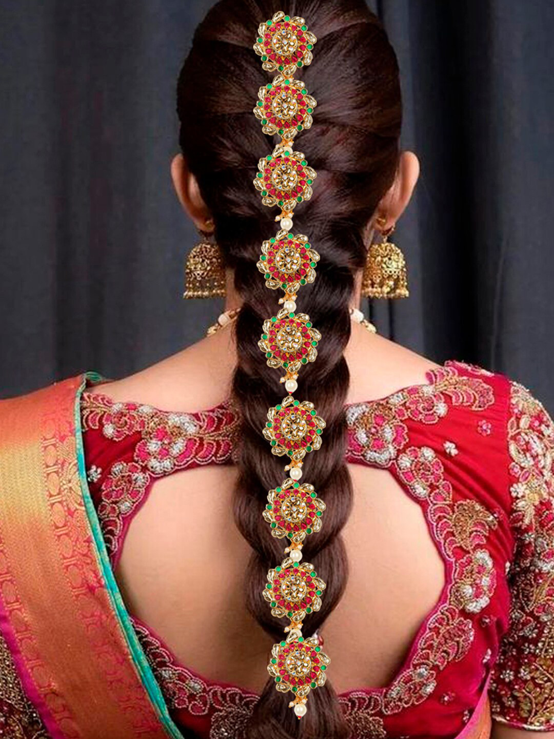 OOMPH Set Of 9 Stone-Studded & Beaded Jadai Billai Billai Choti Pin Hair Accessory