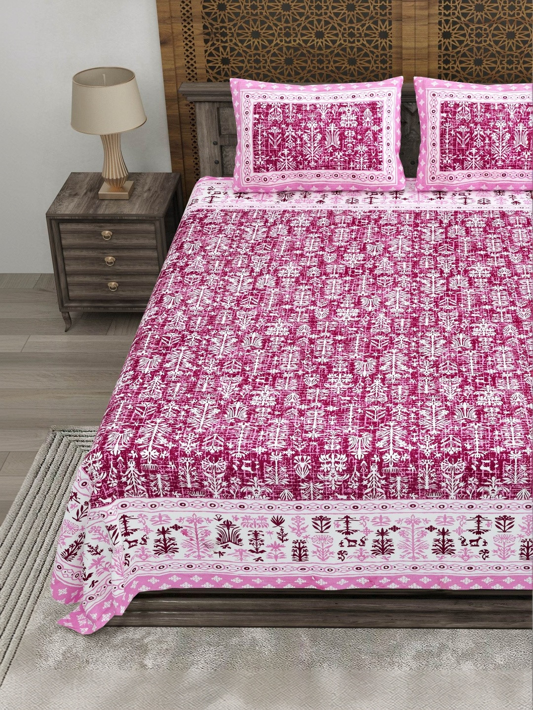 CLOTHOLOGY Rani Pink Folk Forest Aranya Tales Cotton Double Flat 180 TC Jaipuri Prints Bedsheet Set