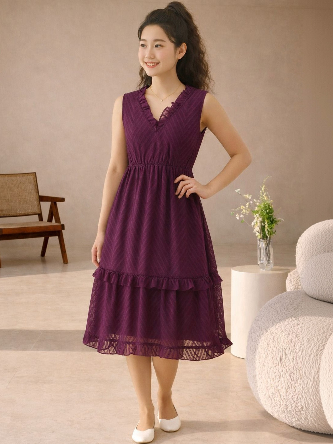 NARI DREAM Ruffled Georgette Fit & Flare Midi Dress