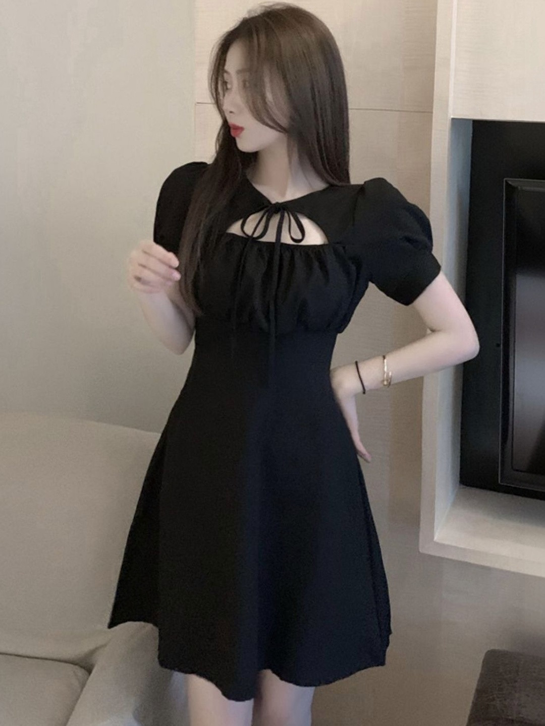 StyleCast Tie-Up Neck Puff Sleeve A-Line Dress