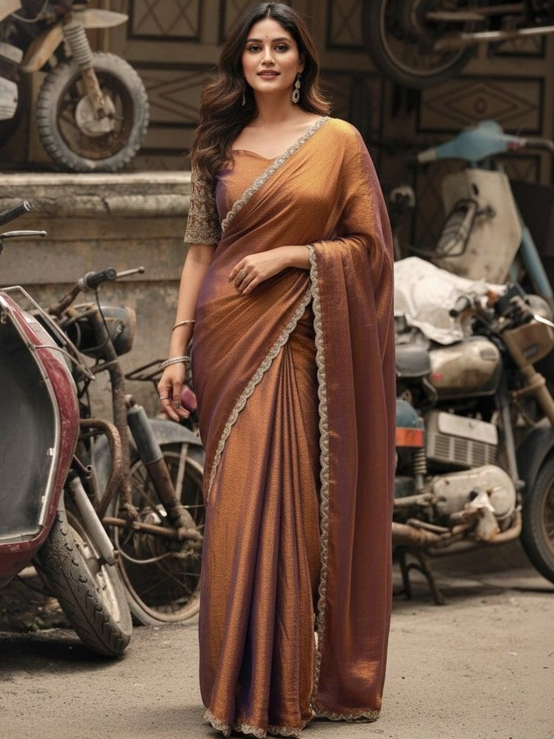 STH Woven Design Beads and Stones Poly Chiffon Saree