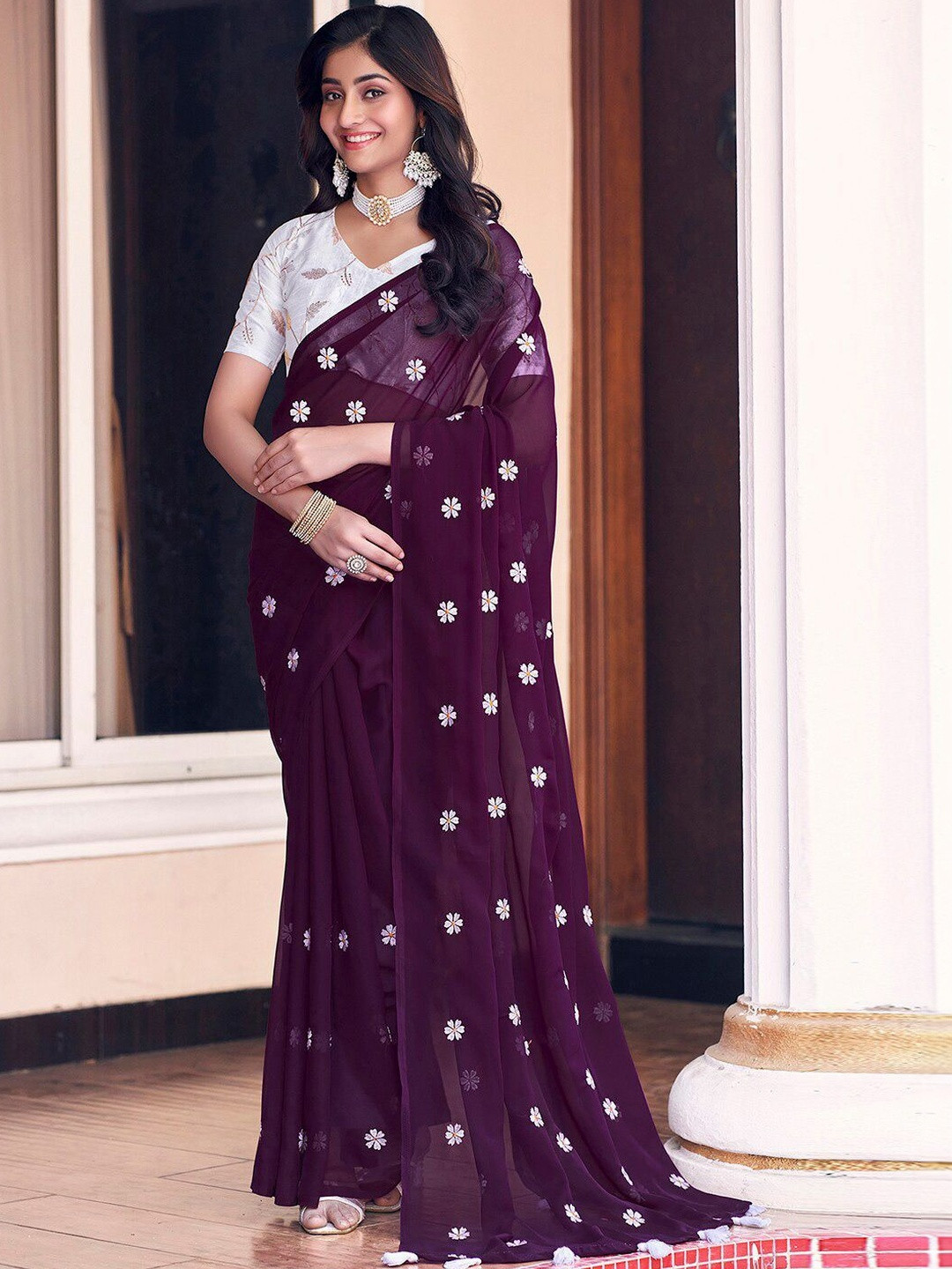 SANISA Floral Embroidered Poly Georgette Designer Saree