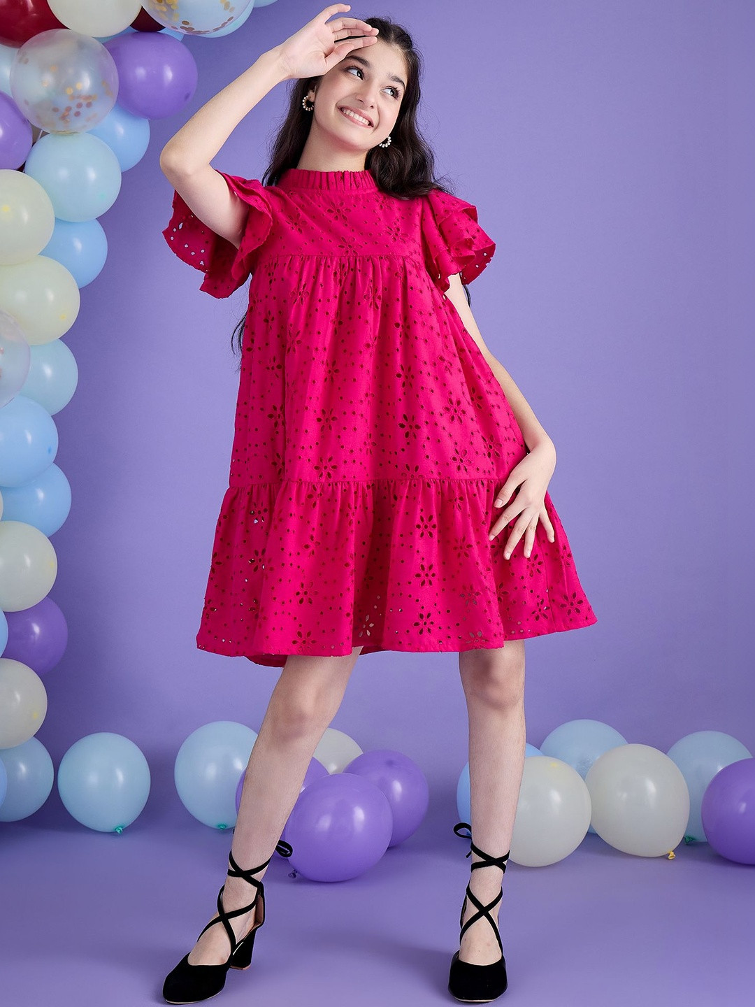 Cherry & Jerry Embroidered Flutter Sleeve A-Line Dress