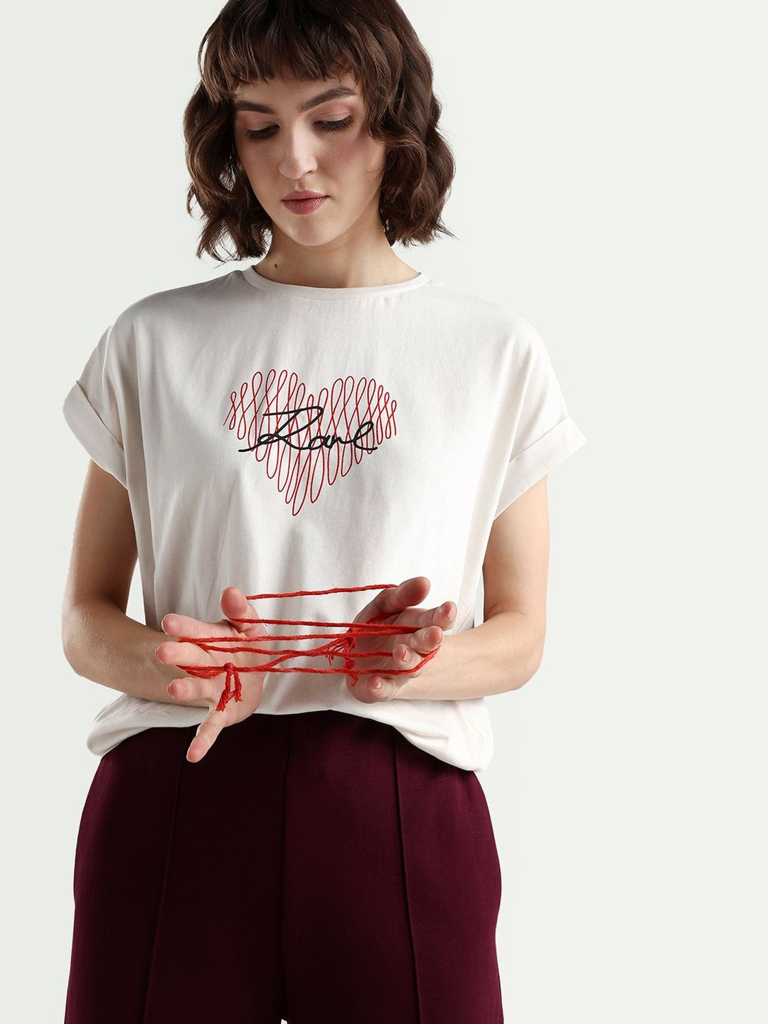 RAREISM Women Off White Object Print Relaxed Fit Half Sleeve Crew Neck T-Shirt