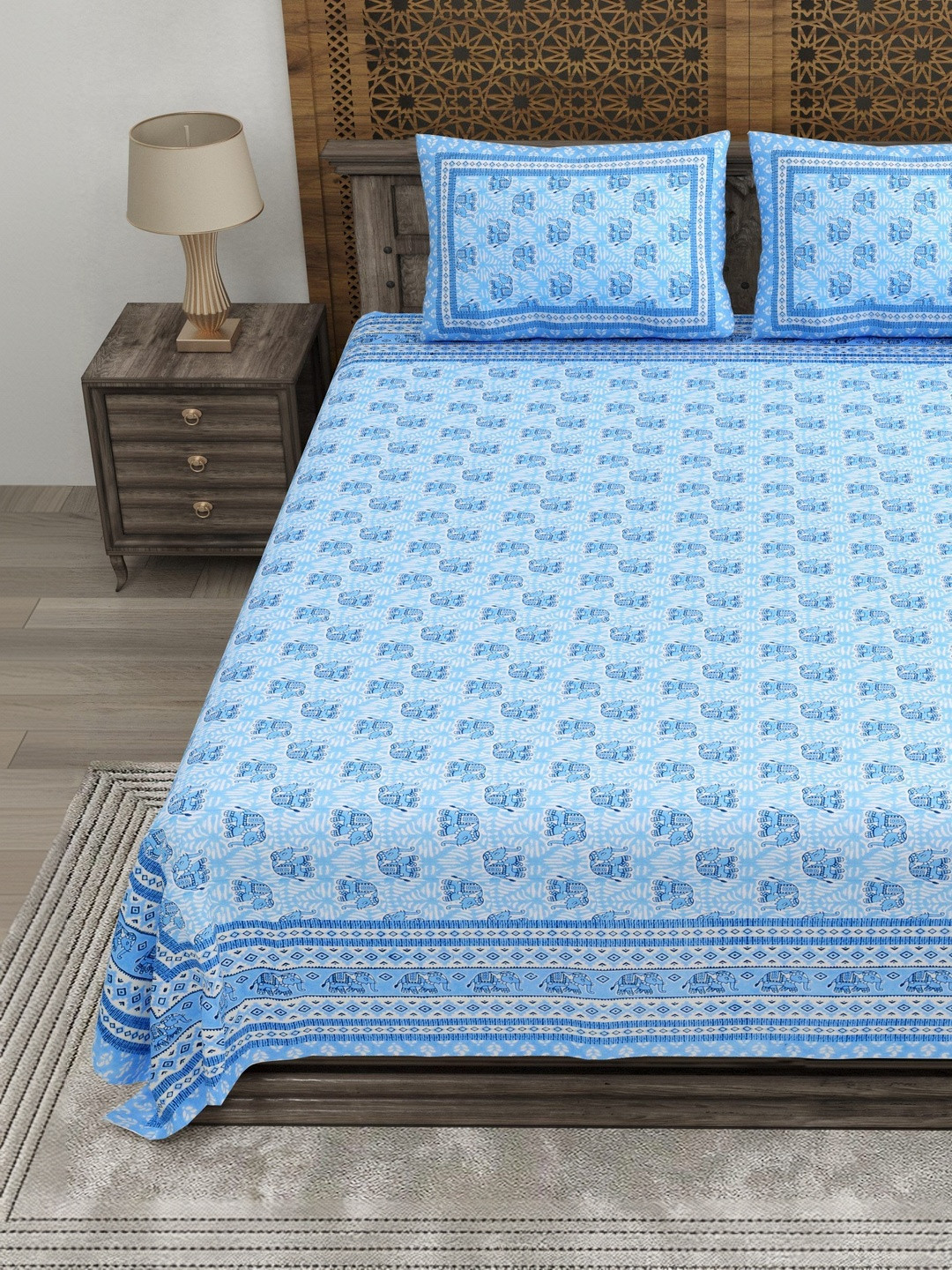 CLOTHOLOGY Jodhpur Blue Elephant Motif The Gajraj Heritage Cotton Double Flat 180 TC Jaipuri Prints Bedsheet Set