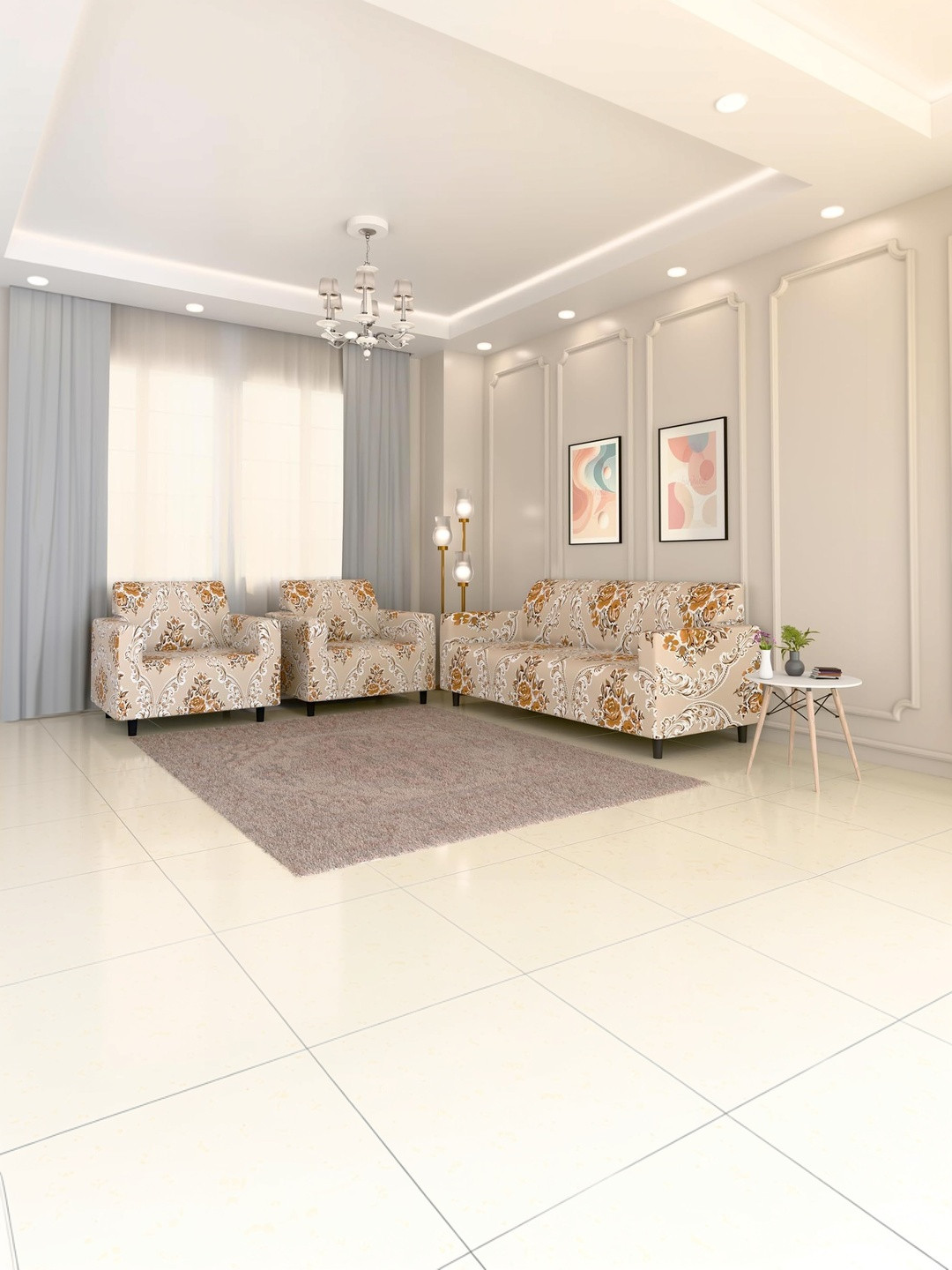 Furshine Multicoloured & Cream-Coloured Printed Polyester 3 Piece Sofa Cover With Arms