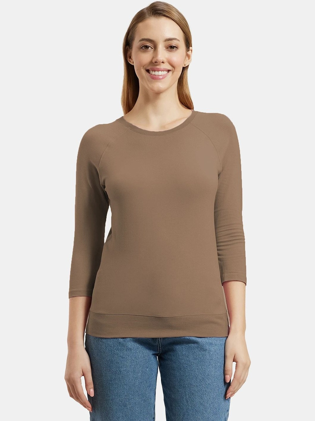 Jockey Super Combed Cotton Viscose Solid Round Neck Three Quarter Sleeve Tshirt - AW14