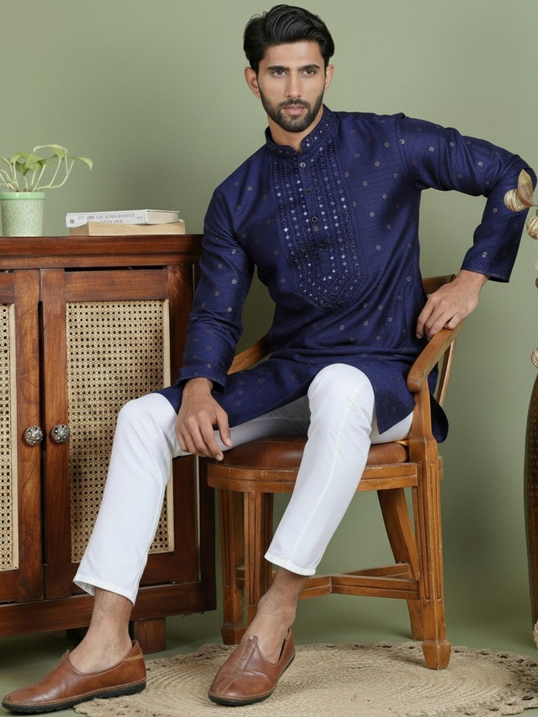HERE&NOW Men Regular Mirror Work Kurta with Pyjamas
