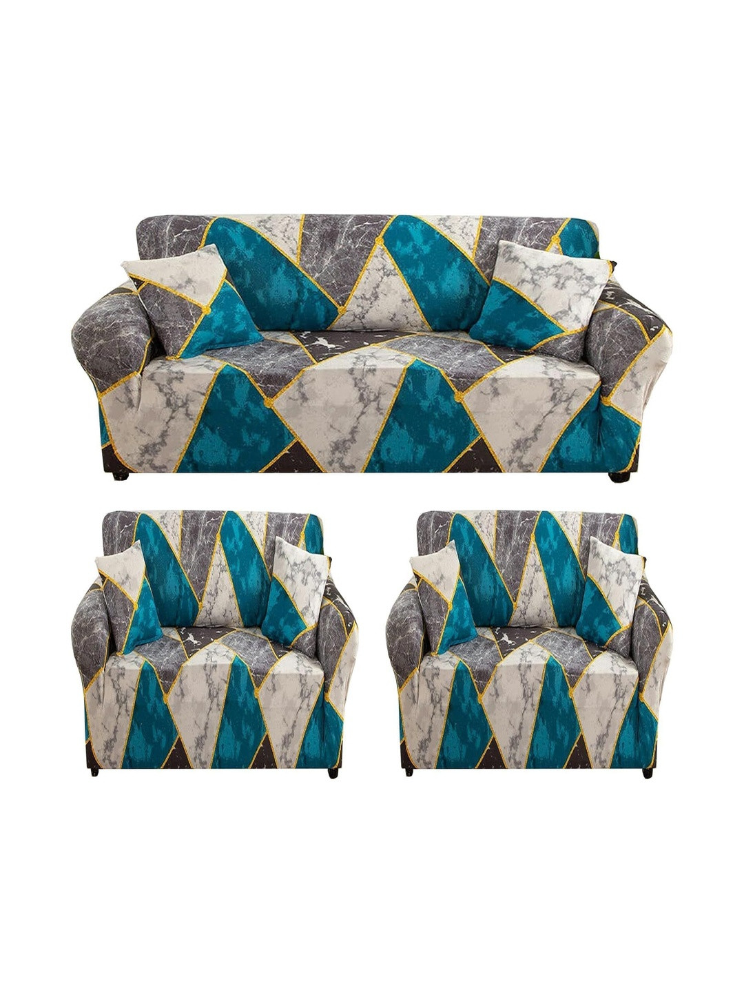 Furshine Multicoloured & Multicoloured Printed Polyester 3 Piece Sofa Cover With Arms