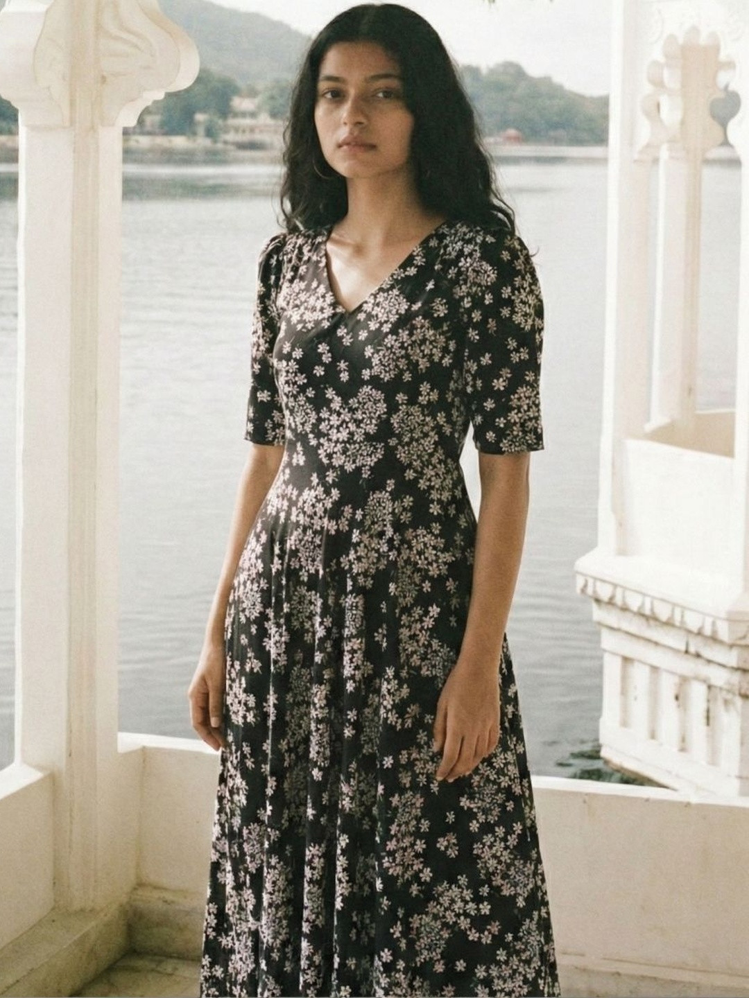 DHAKRE FASHION Floral Print Puff Sleeve A-Line Midi Dress