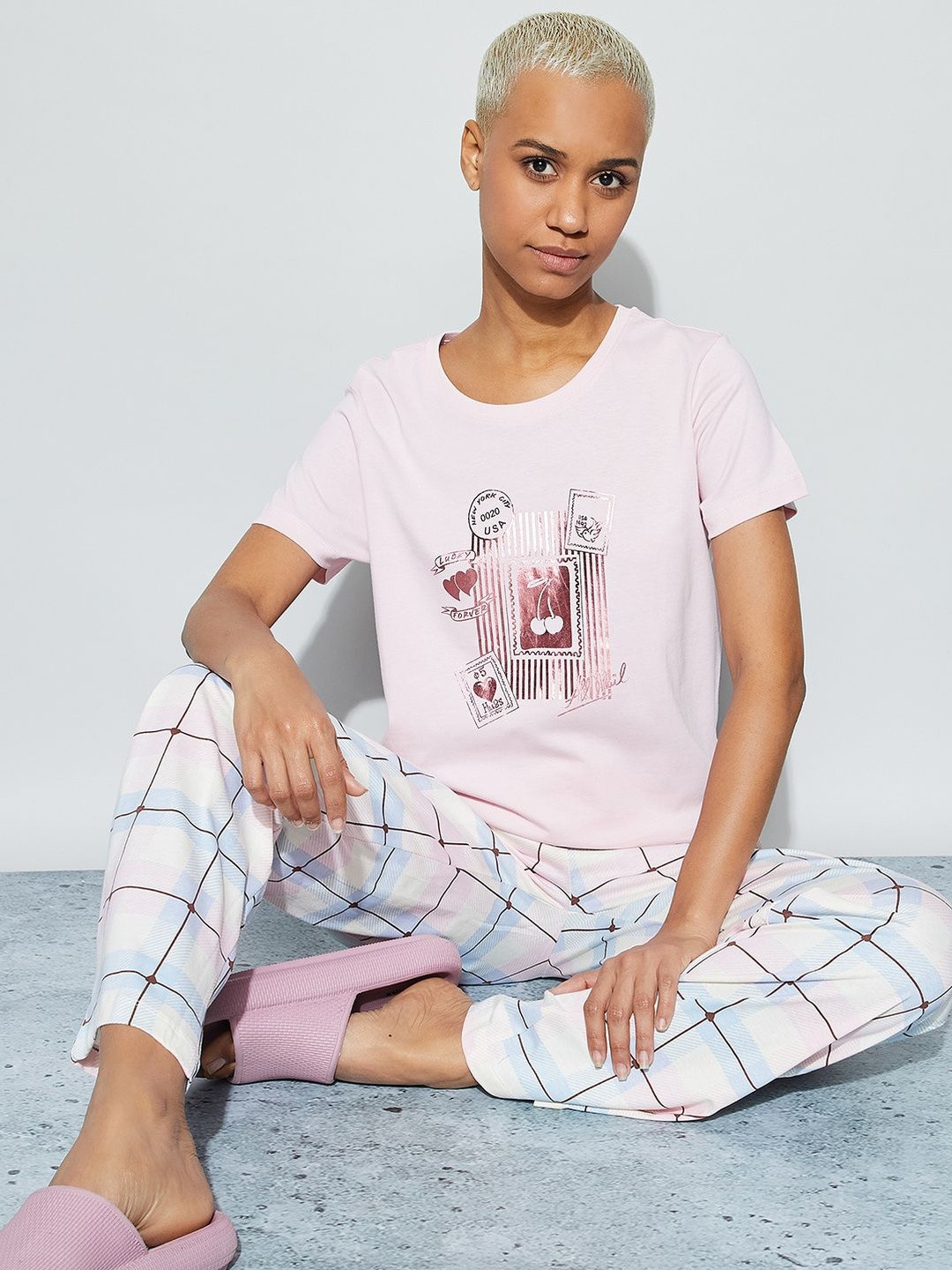 Ginger by Lifestyle Women Cotton Printed Round Neck Short Sleeves Lounge Tshirts