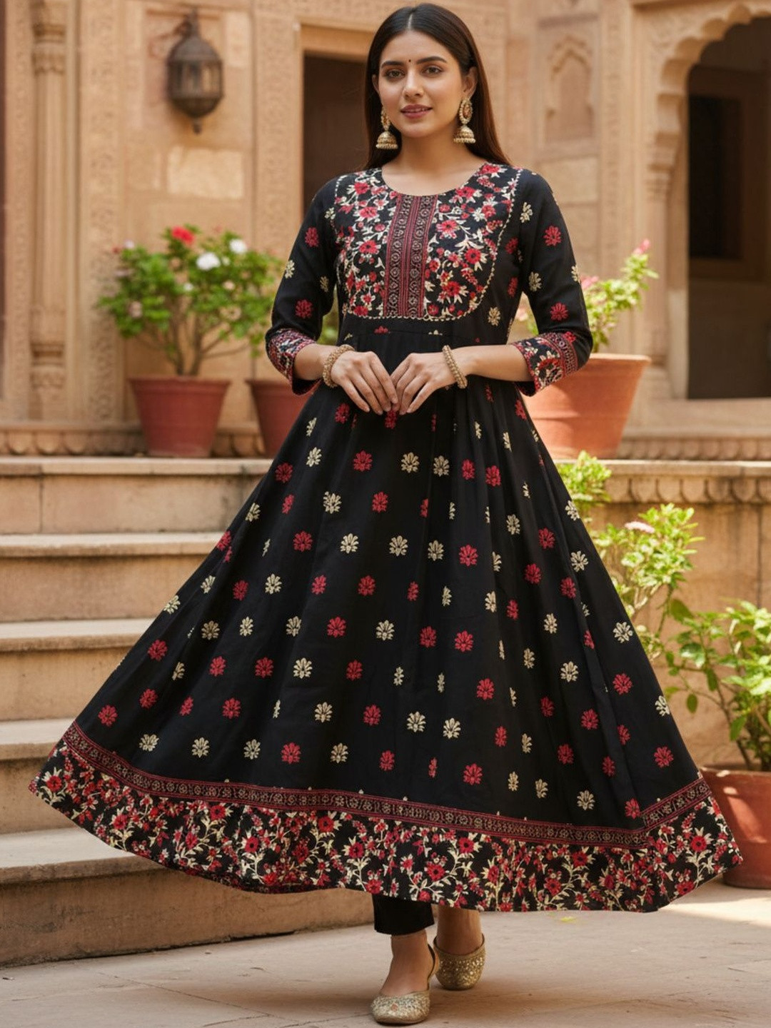 ETZIN Floral Printed Thread Work Thread Work Anarkali Kurti