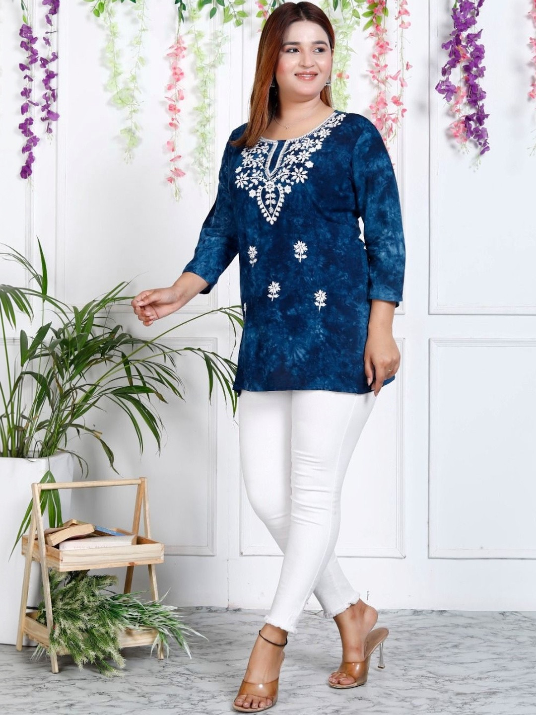 AFFO Blue Embroidered Tie And Dye Casual Top