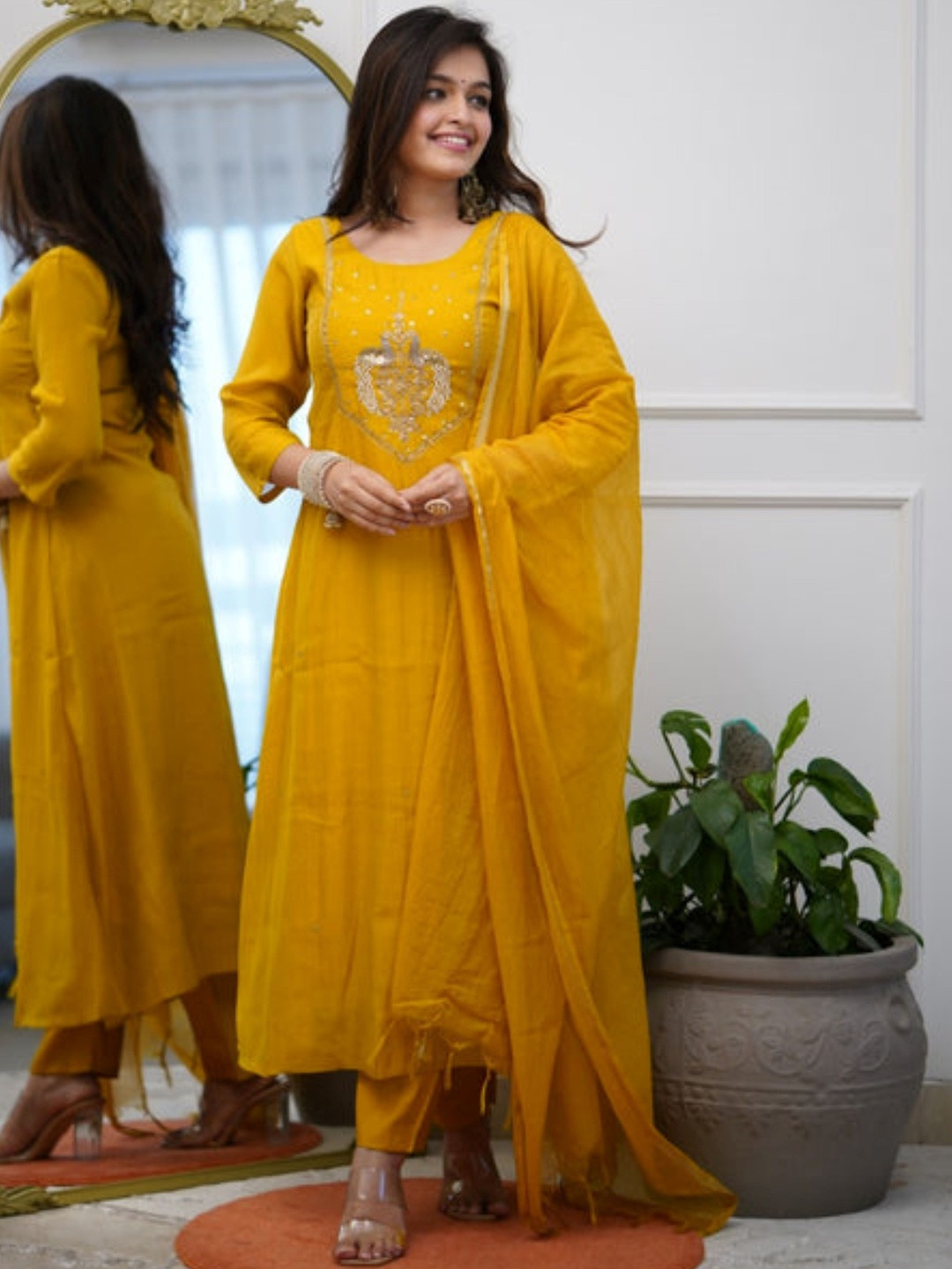 J.KANJI Women Ethnic Motifs Embroidered Regular Sequinned Chanderi Silk Kurta with Trousers & With Dupatta