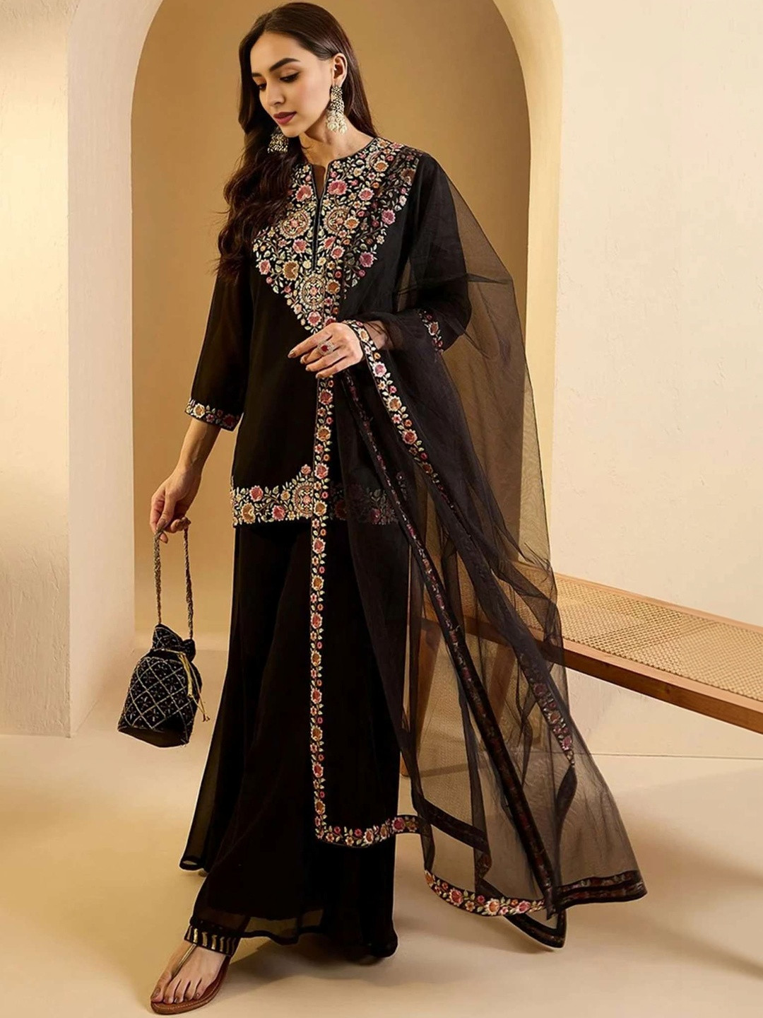 TRYAMBAKAM Women Floral Embroidered Regular Thread Work Kurta with Sharara & With Dupatta