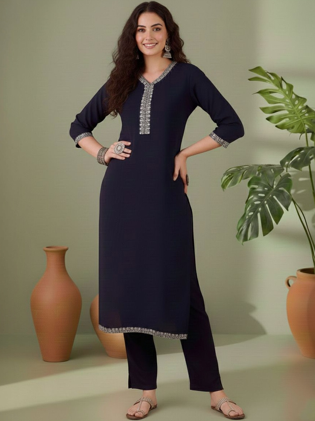 HERE&NOW Women Regular Mirror Work Kurta with Trousers