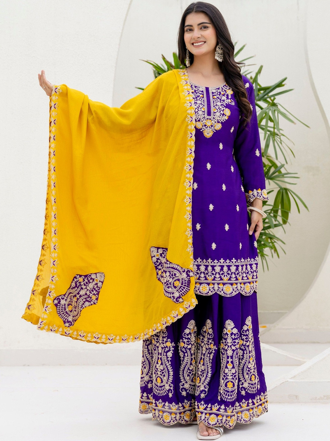KALINI Women Ethnic Motifs Embroidered Regular Thread Work Kurta with Sharara & With Dupatta