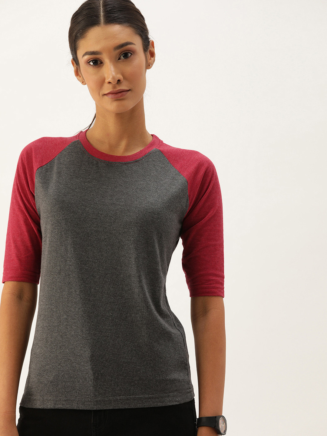 PINACOLADA Women Grey & Maroon Solid Top
