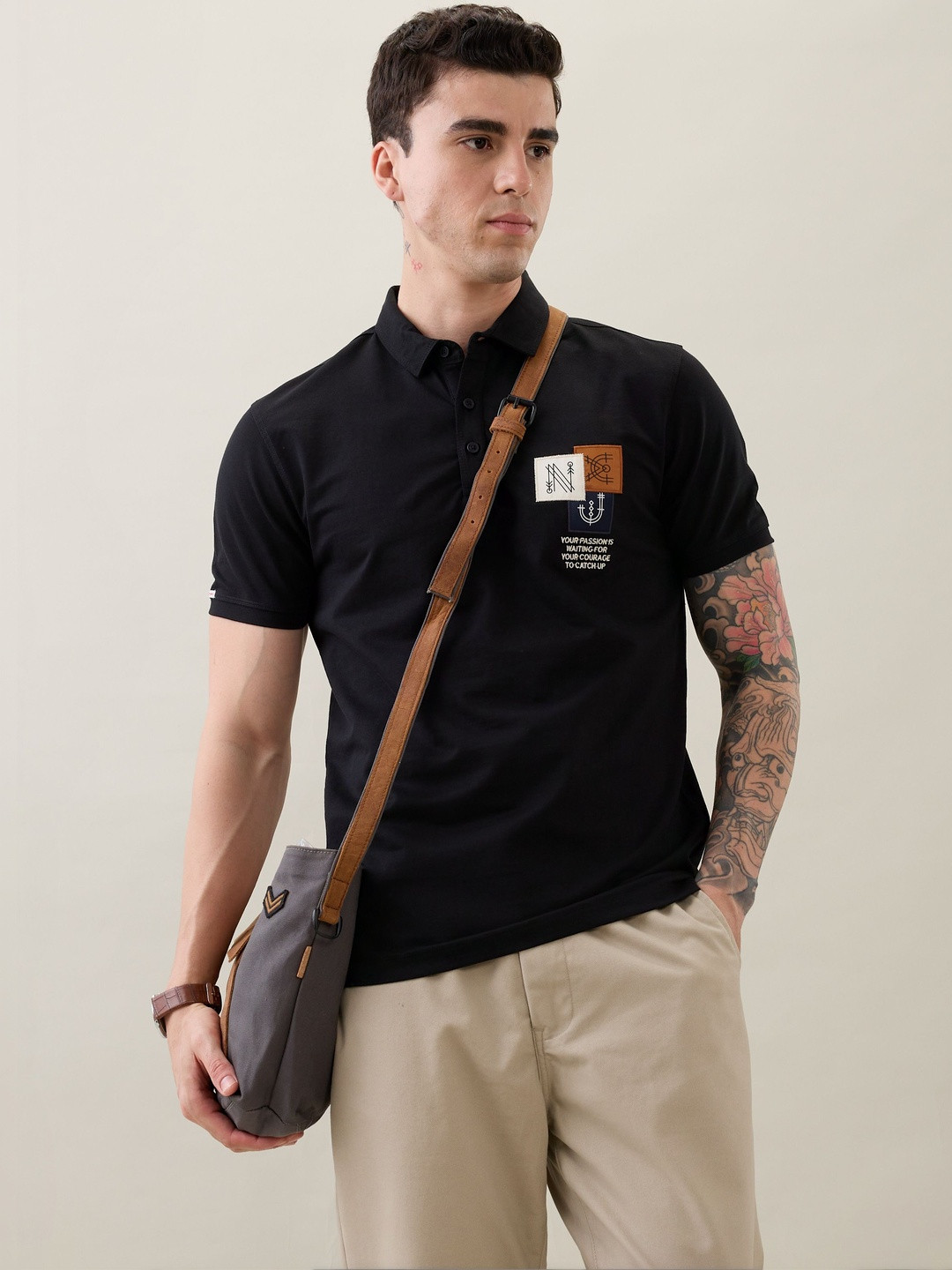 nostrum Men Typography Polo Collar Dri-FIT Applique T-shirt