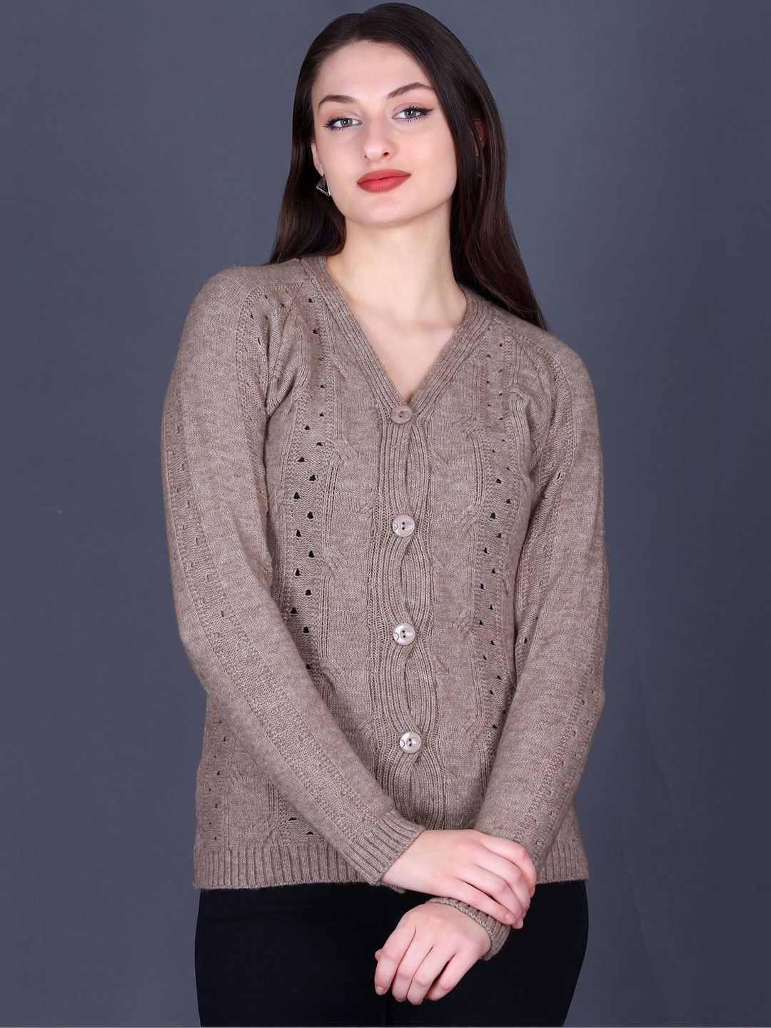 GODFREY Women Cable Knit Cardigan with Fuzzy Detail