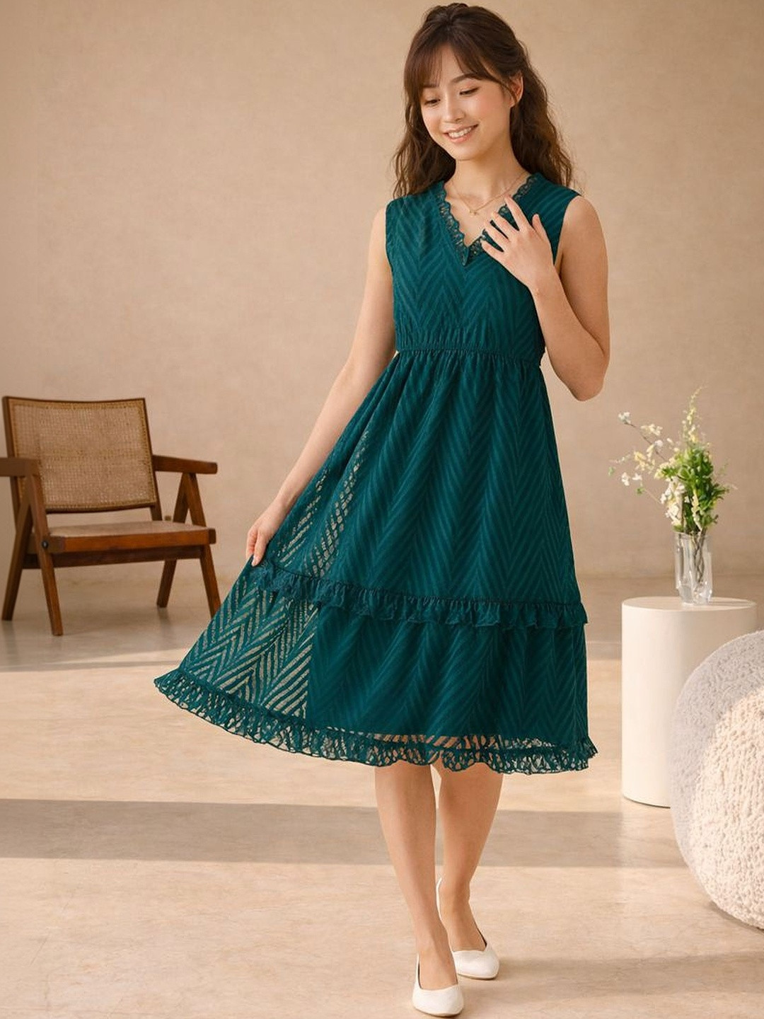 NARI DREAM Ruffled Georgette A-Line Midi Dress