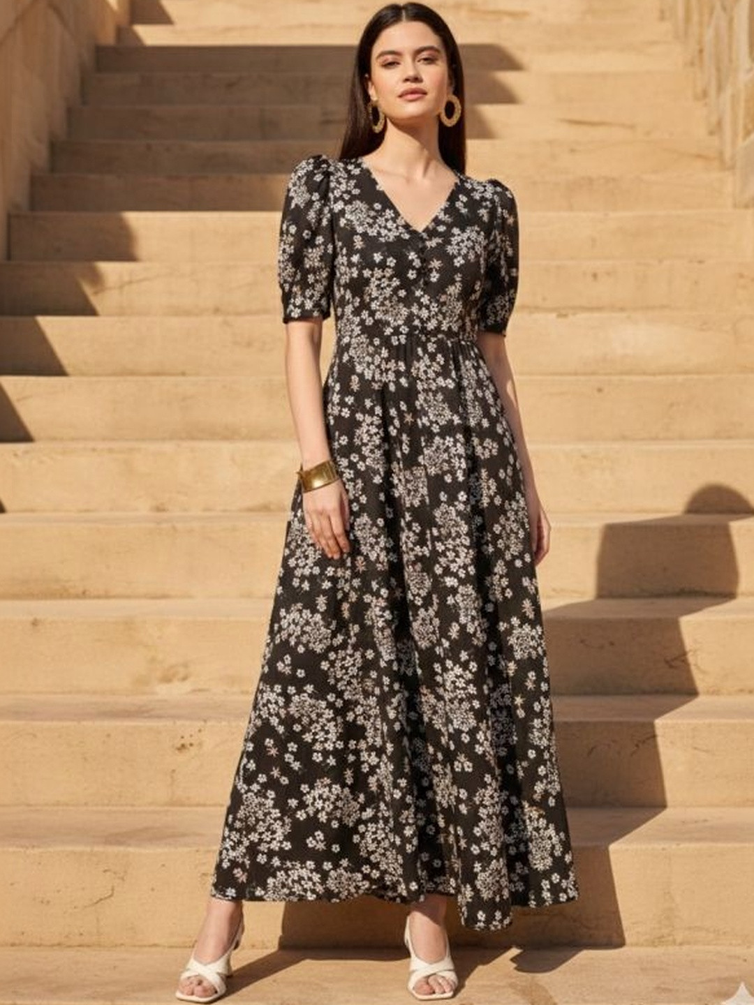 DHAKRE FASHION Floral Print Puff Sleeve Fit & Flare Maxi Dress