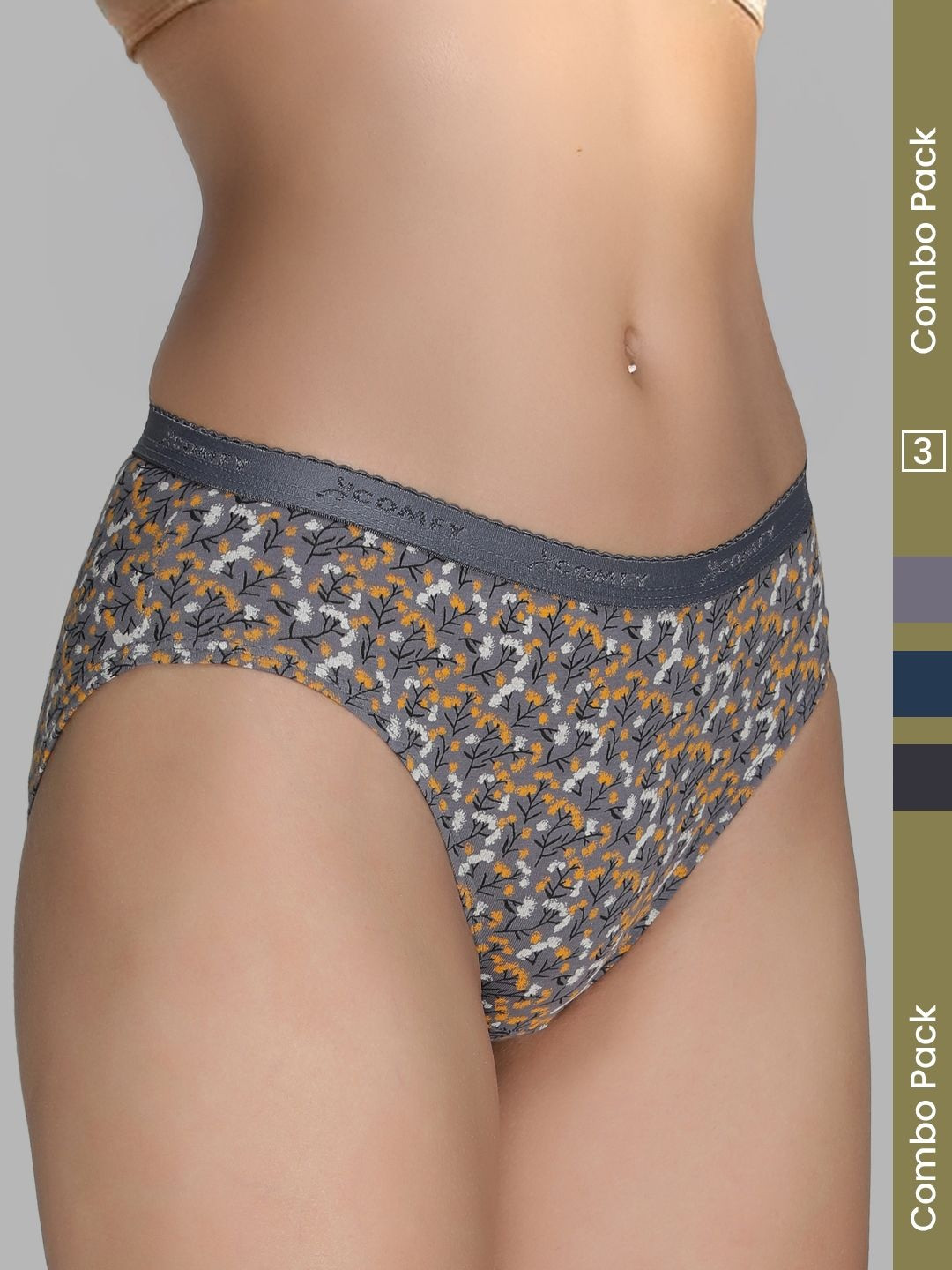 AMUL COMFY Pack Of 3 Printed Pure Cotton Mid-Rise Hipster Briefs