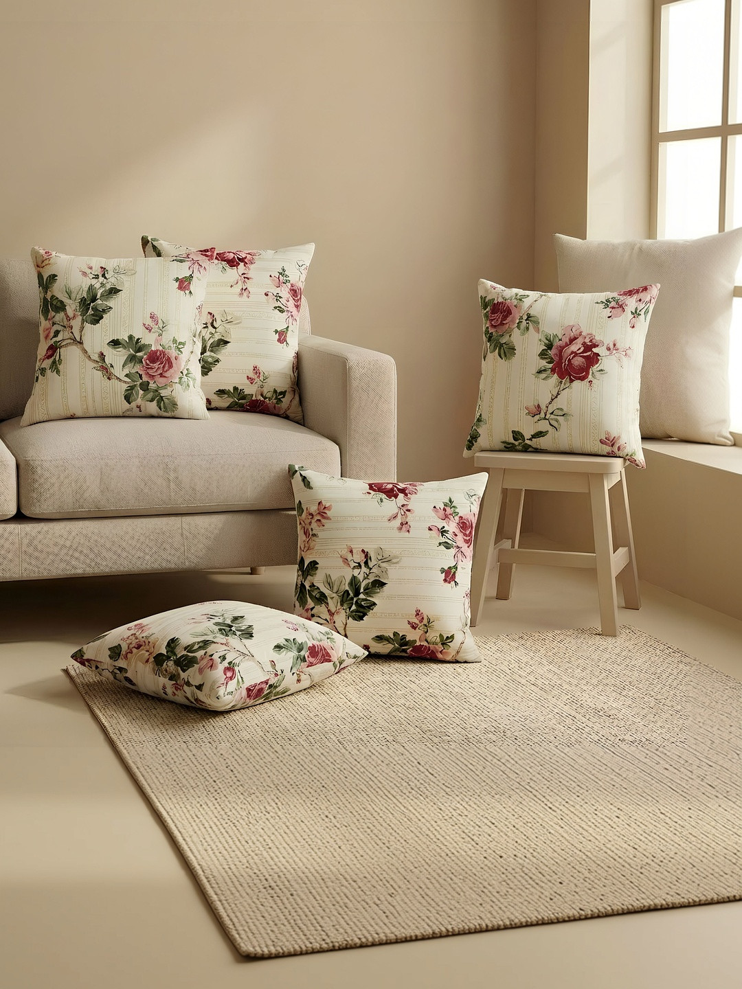 The Home Story Off Multicoloured Set of 5 Floral Square Cotton Cushion Covers 16 Inches
