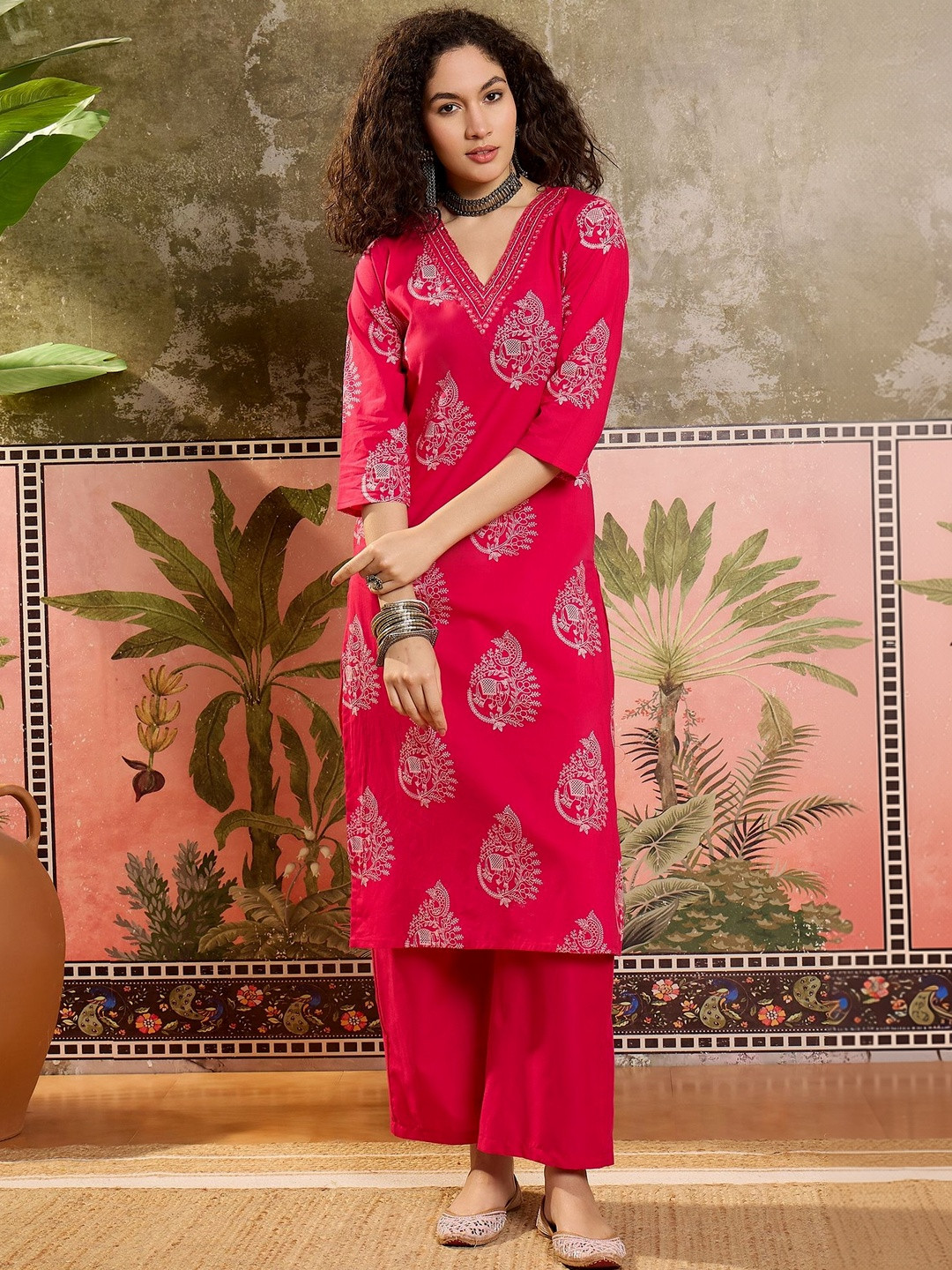 Sangria Printed Cotton V-Neck Kurta & Trousers With Dupatta