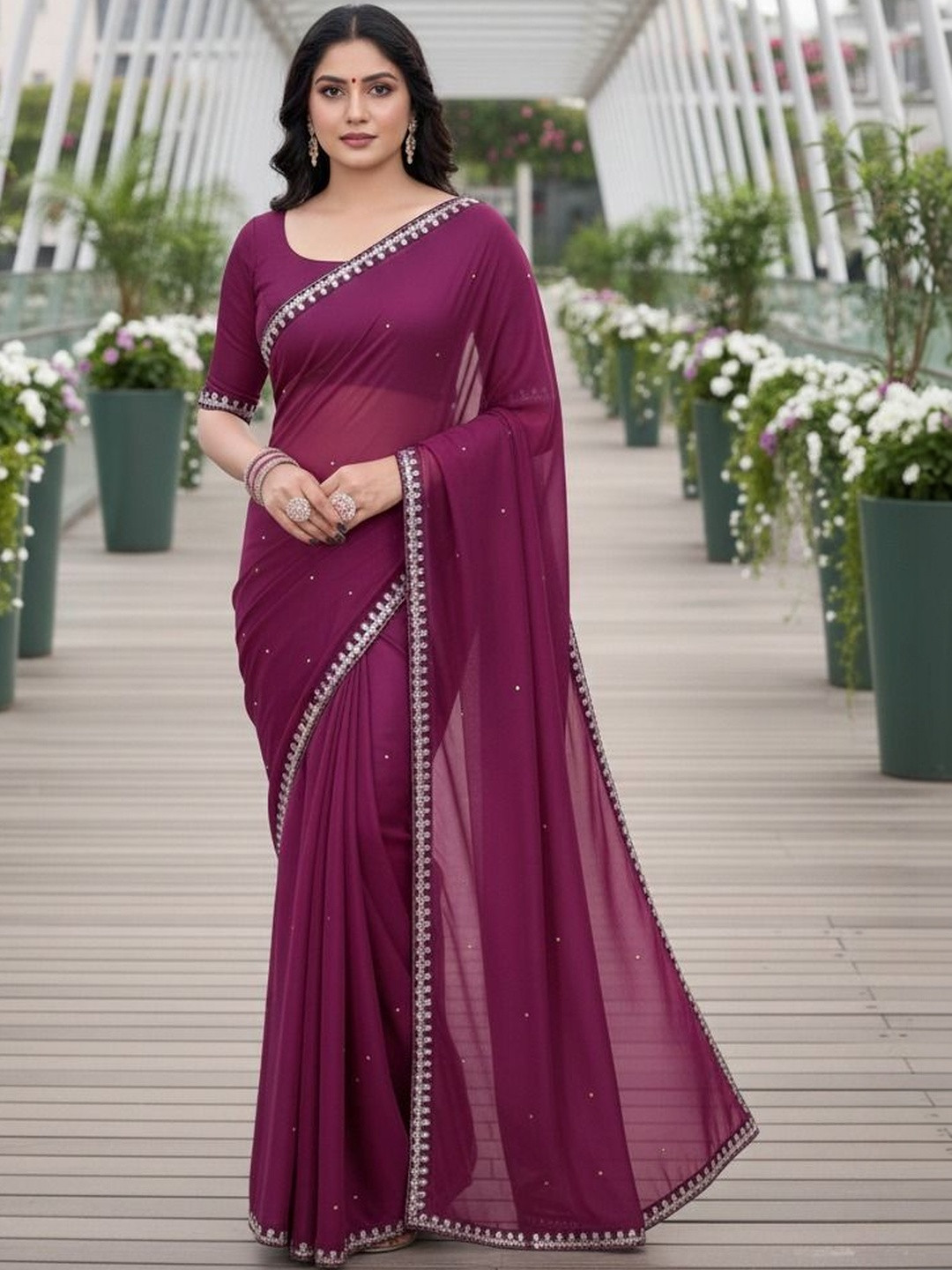 YUGAVEERAA Embellished Sequinned Poly Georgette Heavy Work Saree